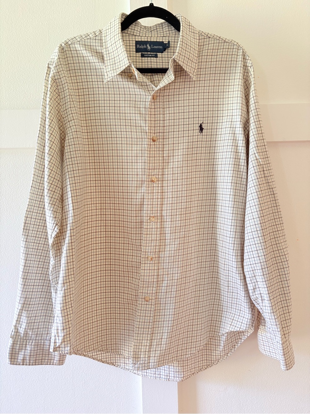 Ralph Lauren Men's Beige Button-Down with Blue and Black Striping Large